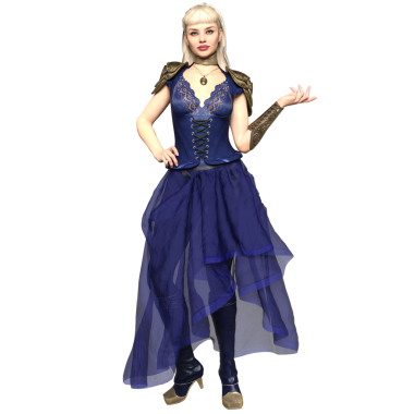 Üç boyutlu, uzun mavi elbisesi ve şeffaf arka planda izole edilmiş altın detayları olan kadın fantezi steampunk karakteri.