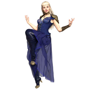 Üç boyutlu, uzun mavi elbisesi ve şeffaf arka planda izole edilmiş altın detayları olan kadın fantezi steampunk karakteri.