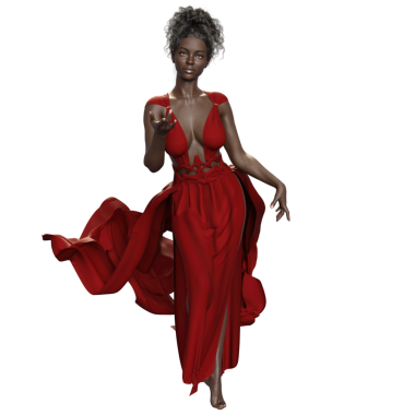 Üç boyutlu, şeffaf arka planda izole edilmiş uzun kırmızı elbiseli bir kadın karakter.