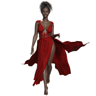 Üç boyutlu, şeffaf arka planda izole edilmiş uzun kırmızı elbiseli bir kadın karakter.