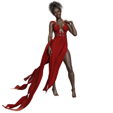 Üç boyutlu, şeffaf arka planda izole edilmiş uzun kırmızı elbiseli bir kadın karakter.