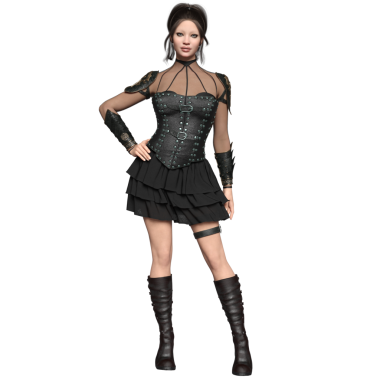 Deri bir korsesi ve şeffaf arka planda izole edilmiş siyah bir elbisesi olan 3D kadın fantezi karakteri.