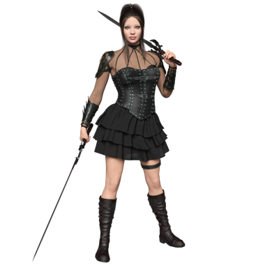 Deri bir korsesi, şeffaf arka planda izole edilmiş bir elbisesi ve kılıcı olan 3 boyutlu bir kadın fantezi karakteri.