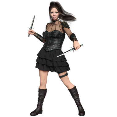 Üç boyutlu, koyu deri bir korsesi ve şeffaf arka planda izole edilmiş hançerleri olan bir kadın fantezi karakteri.