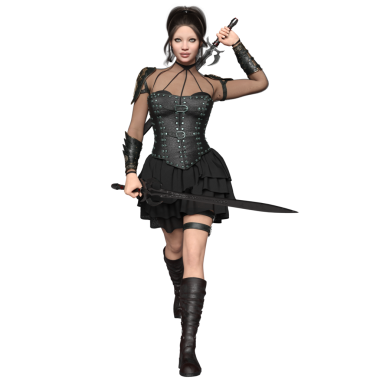 Deri bir korsesi, şeffaf arka planda izole edilmiş bir elbisesi ve kılıcı olan 3 boyutlu bir kadın fantezi karakteri.