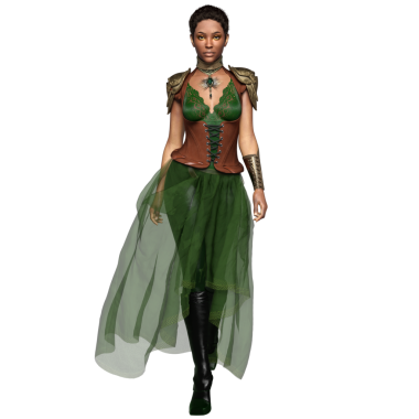 Yeşil elbiseli ve şeffaf arka planda izole edilmiş korseli üç boyutlu kadın fantezi steampunk karakteri.