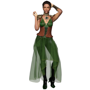 Yeşil elbiseli ve şeffaf arka planda izole edilmiş korseli üç boyutlu kadın fantezi steampunk karakteri.