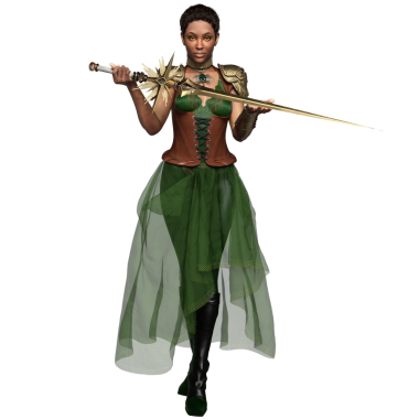 Yeşil elbiseli ve şeffaf arka planda izole edilmiş korseli üç boyutlu kadın fantezi steampunk karakteri.