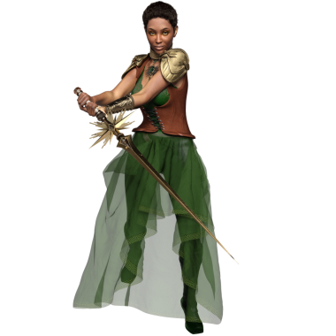 Yeşil elbiseli ve şeffaf arka planda izole edilmiş korseli üç boyutlu kadın fantezi steampunk karakteri.