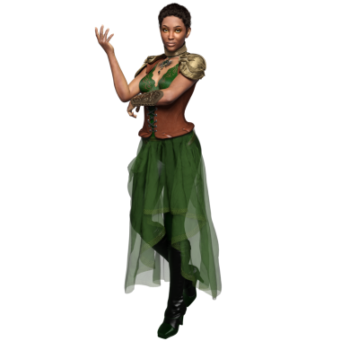 Yeşil elbiseli ve şeffaf arka planda izole edilmiş korseli üç boyutlu kadın fantezi steampunk karakteri.