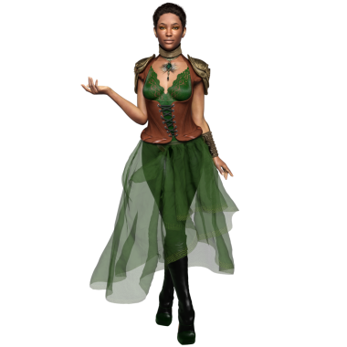 Yeşil elbiseli ve şeffaf arka planda izole edilmiş korseli üç boyutlu kadın fantezi steampunk karakteri.