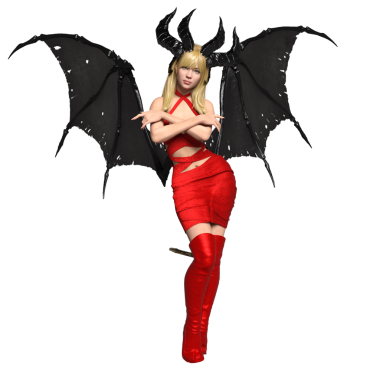 3 boyutlu, kırmızı elbisesi, kırmızı çizmeleri ve şeffaf arka planda siyah yarasa kanatları olan dişi bir fantezi şeytan.