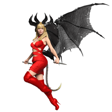 3 boyutlu, kırmızı elbisesi, kırmızı çizmeleri ve şeffaf arka planda siyah yarasa kanatları olan dişi bir fantezi şeytan.
