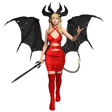 3 boyutlu, kırmızı elbisesi, kırmızı çizmeleri ve şeffaf arka planda siyah yarasa kanatları olan dişi bir fantezi şeytan.