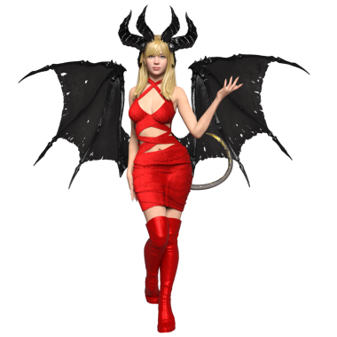 3 boyutlu, kırmızı elbisesi, kırmızı çizmeleri ve şeffaf arka planda siyah yarasa kanatları olan dişi bir fantezi şeytan.