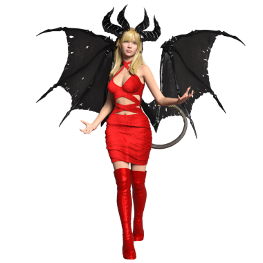 3 boyutlu, kırmızı elbisesi, kırmızı çizmeleri ve şeffaf arka planda siyah yarasa kanatları olan dişi bir fantezi şeytan.