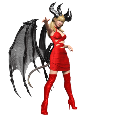 3 boyutlu, kırmızı elbisesi, kırmızı çizmeleri ve şeffaf arka planda siyah yarasa kanatları olan dişi bir fantezi şeytan.