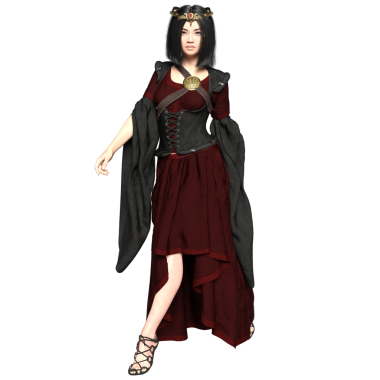 3D, orta çağ kadın fantezi karakteri kırmızı ve siyah elbiseli ve şeffaf arka planda izole edilmiş bir korse.