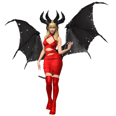 3 boyutlu, kırmızı elbisesi, kırmızı çizmeleri ve şeffaf arka planda siyah yarasa kanatları olan dişi bir fantezi şeytan.