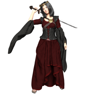 3D, orta çağ kadın fantezi karakteri kırmızı ve siyah elbiseli ve şeffaf arka planda izole edilmiş bir korse.