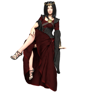 3D, orta çağ kadın fantezi karakteri kırmızı ve siyah elbiseli ve şeffaf arka planda izole edilmiş bir korse.