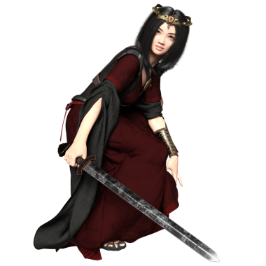 3D, orta çağ kadın fantezi karakteri kırmızı ve siyah elbiseli ve şeffaf arka planda izole edilmiş bir korse.