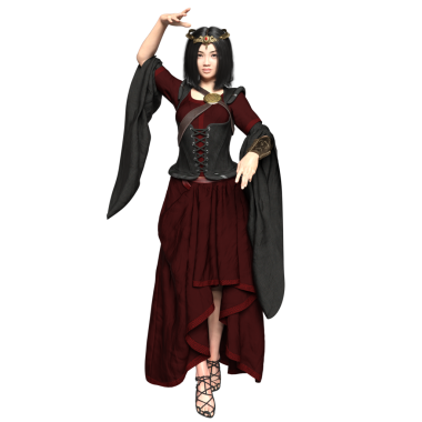 3D, orta çağ kadın fantezi karakteri kırmızı ve siyah elbiseli ve şeffaf arka planda izole edilmiş bir korse.