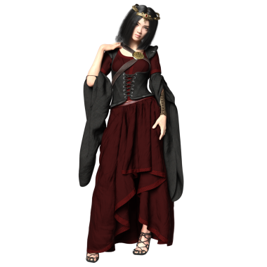 3D, orta çağ kadın fantezi karakteri kırmızı ve siyah elbiseli ve şeffaf arka planda izole edilmiş bir korse.