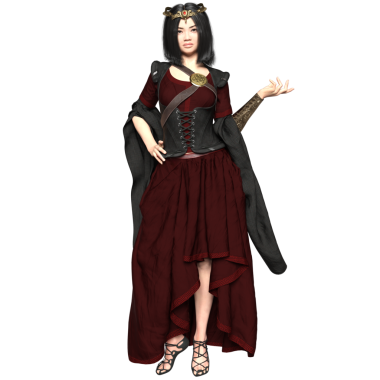 3D, orta çağ kadın fantezi karakteri kırmızı ve siyah elbiseli ve şeffaf arka planda izole edilmiş bir korse.