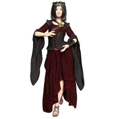 3D, orta çağ kadın fantezi karakteri kırmızı ve siyah elbiseli ve şeffaf arka planda izole edilmiş bir korse.