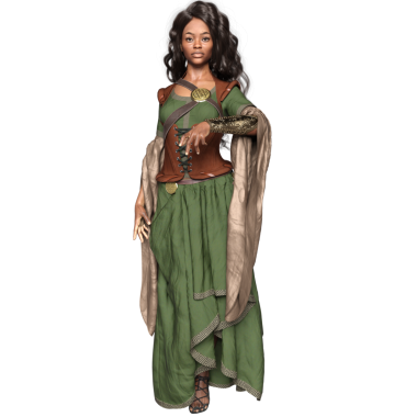 Ortaçağ yeşil elbiseli, şeffaf arka planda izole edilmiş korsesi olan üç boyutlu bir kadın fantezi karakteri.