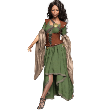 Ortaçağ yeşil elbiseli, şeffaf arka planda izole edilmiş korsesi olan üç boyutlu bir kadın fantezi karakteri.