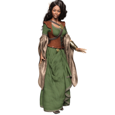 Ortaçağ yeşil elbiseli, şeffaf arka planda izole edilmiş korsesi olan üç boyutlu bir kadın fantezi karakteri.