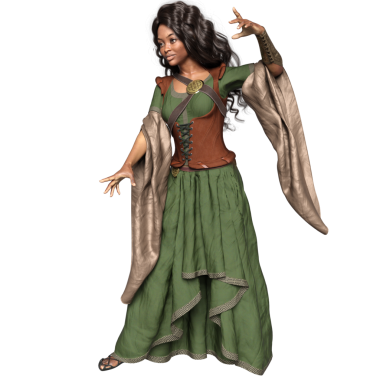 Ortaçağ yeşil elbiseli, şeffaf arka planda izole edilmiş korsesi olan üç boyutlu bir kadın fantezi karakteri.