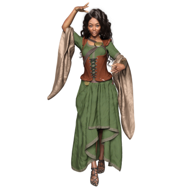 Ortaçağ yeşil elbiseli, şeffaf arka planda izole edilmiş korsesi olan üç boyutlu bir kadın fantezi karakteri.