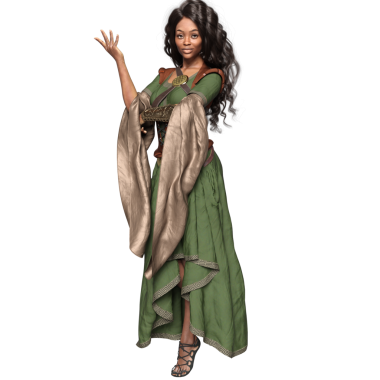 Ortaçağ yeşil elbiseli, şeffaf arka planda izole edilmiş korsesi olan üç boyutlu bir kadın fantezi karakteri.