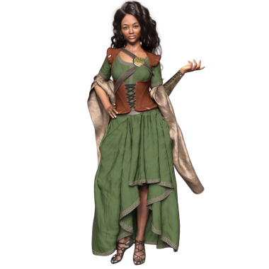 Ortaçağ yeşil elbiseli, şeffaf arka planda izole edilmiş korsesi olan üç boyutlu bir kadın fantezi karakteri.