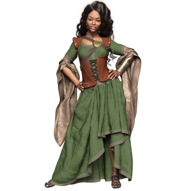 Ortaçağ yeşil elbiseli, şeffaf arka planda izole edilmiş korsesi olan üç boyutlu bir kadın fantezi karakteri.