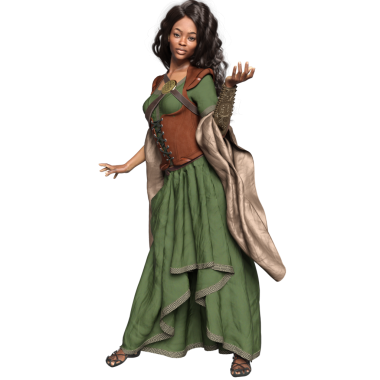 Ortaçağ yeşil elbiseli, şeffaf arka planda izole edilmiş korsesi olan üç boyutlu bir kadın fantezi karakteri.