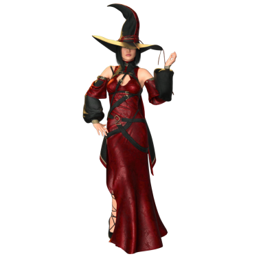 3 boyutlu, kırmızı elbiseli ve şeffaf arka planda izole edilmiş şapkalı bir kadın fantezi cadısı.
