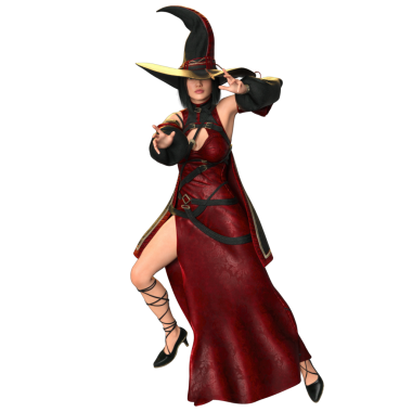 3 boyutlu, kırmızı elbiseli ve şeffaf arka planda izole edilmiş şapkalı bir kadın fantezi cadısı.