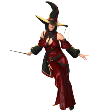 3 boyutlu, kırmızı elbiseli ve şeffaf arka planda izole edilmiş şapkalı bir kadın fantezi cadısı.