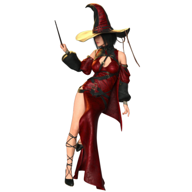 3 boyutlu, kırmızı elbiseli ve şeffaf arka planda izole edilmiş şapkalı bir kadın fantezi cadısı.