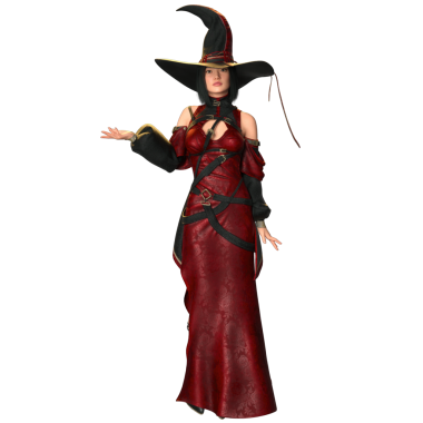 3 boyutlu, kırmızı elbiseli ve şeffaf arka planda izole edilmiş şapkalı bir kadın fantezi cadısı.