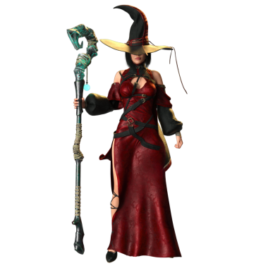 3 boyutlu, kırmızı elbiseli ve şeffaf arka planda izole edilmiş şapkalı bir kadın fantezi cadısı.