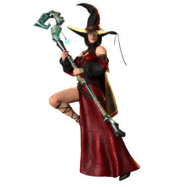 3 boyutlu, kırmızı elbiseli ve şeffaf arka planda izole edilmiş şapkalı bir kadın fantezi cadısı.