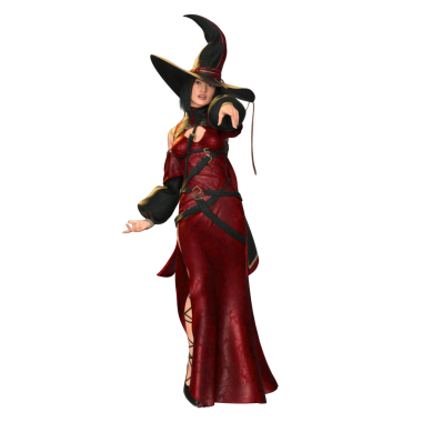 3 boyutlu, kırmızı elbiseli ve şeffaf arka planda izole edilmiş şapkalı bir kadın fantezi cadısı.