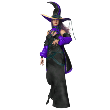 Üç boyutlu, siyah ve mor elbiseli ve şeffaf arkaplanda izole edilmiş bir şapkası olan kadın fantezi cadısı.