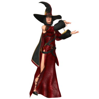 3 boyutlu, kırmızı elbiseli ve şeffaf arka planda izole edilmiş şapkalı bir kadın fantezi cadısı.