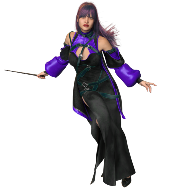 Üç boyutlu, siyah ve mor elbiseli ve şeffaf arkaplanda izole edilmiş bir şapkası olan kadın fantezi cadısı.
